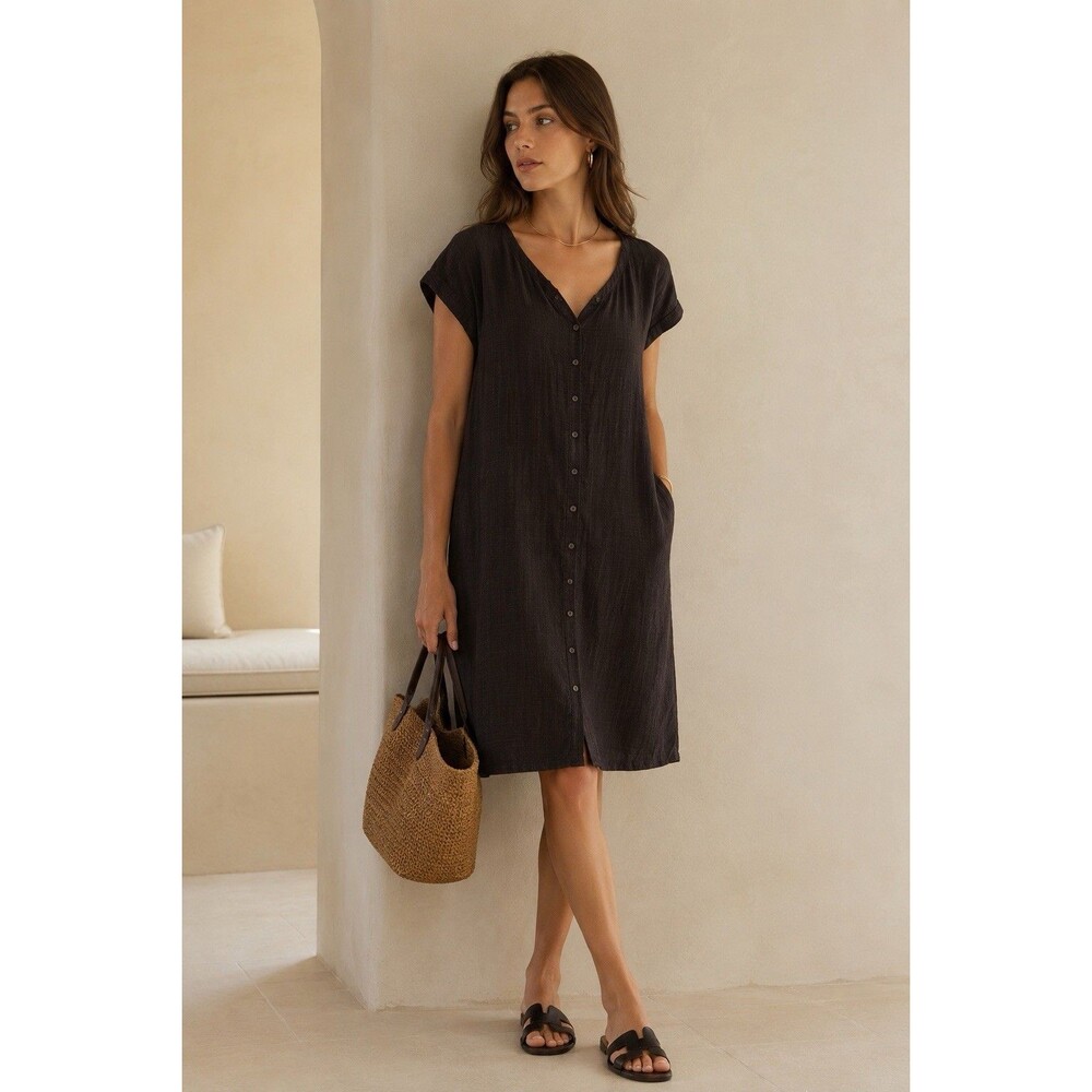 Eileen Fisher Size XL Brown Textured Gauze Shift Dress Button Front Linen Blend
